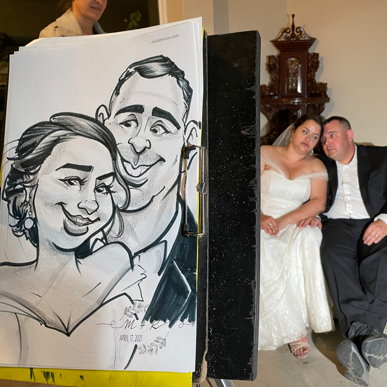 Northern California caricature artist Jon A Guerzon sketches and entertains the wedding party of Mark and Roya in Loomis, California.