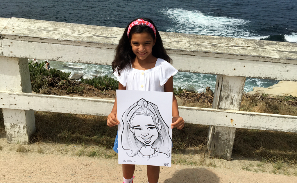 Live Grayscale Caricature of a girl in La Jolla, California by JAGuerzon