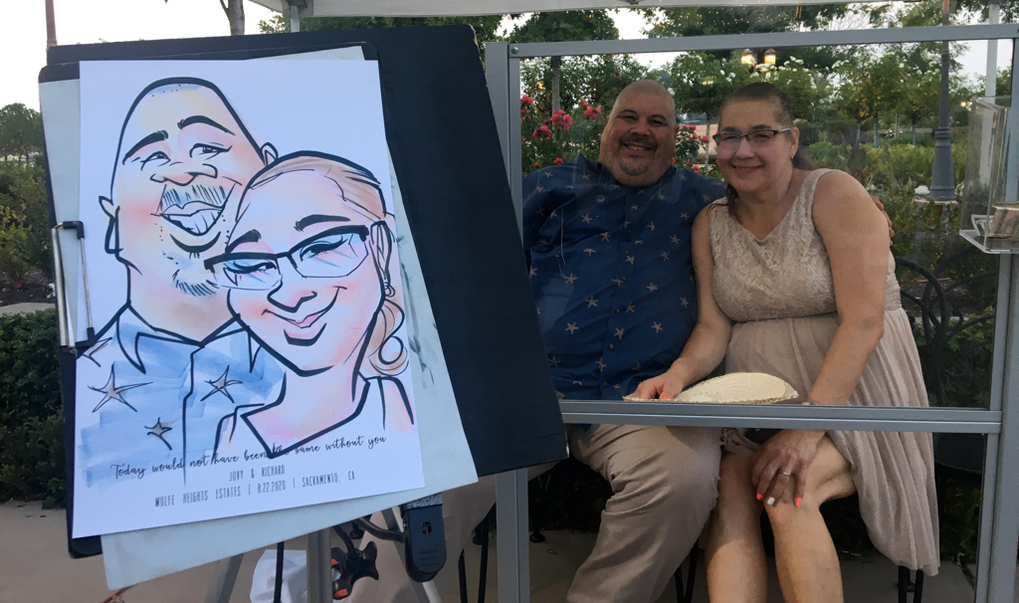 Live Wedding Event caricature drawn with social distancing by Jon A Guerzon in Elk Grove, California