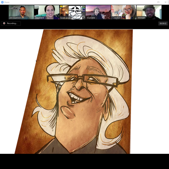 California caricaturist JAGuerzon uses the Zoom meeting platform to draw digital caricatures for corporate event attendees.